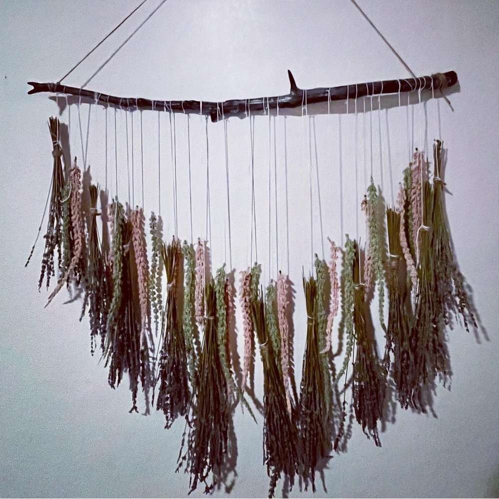 Four ft driftwood rod with real dried lavender bouquets - wall hanging
